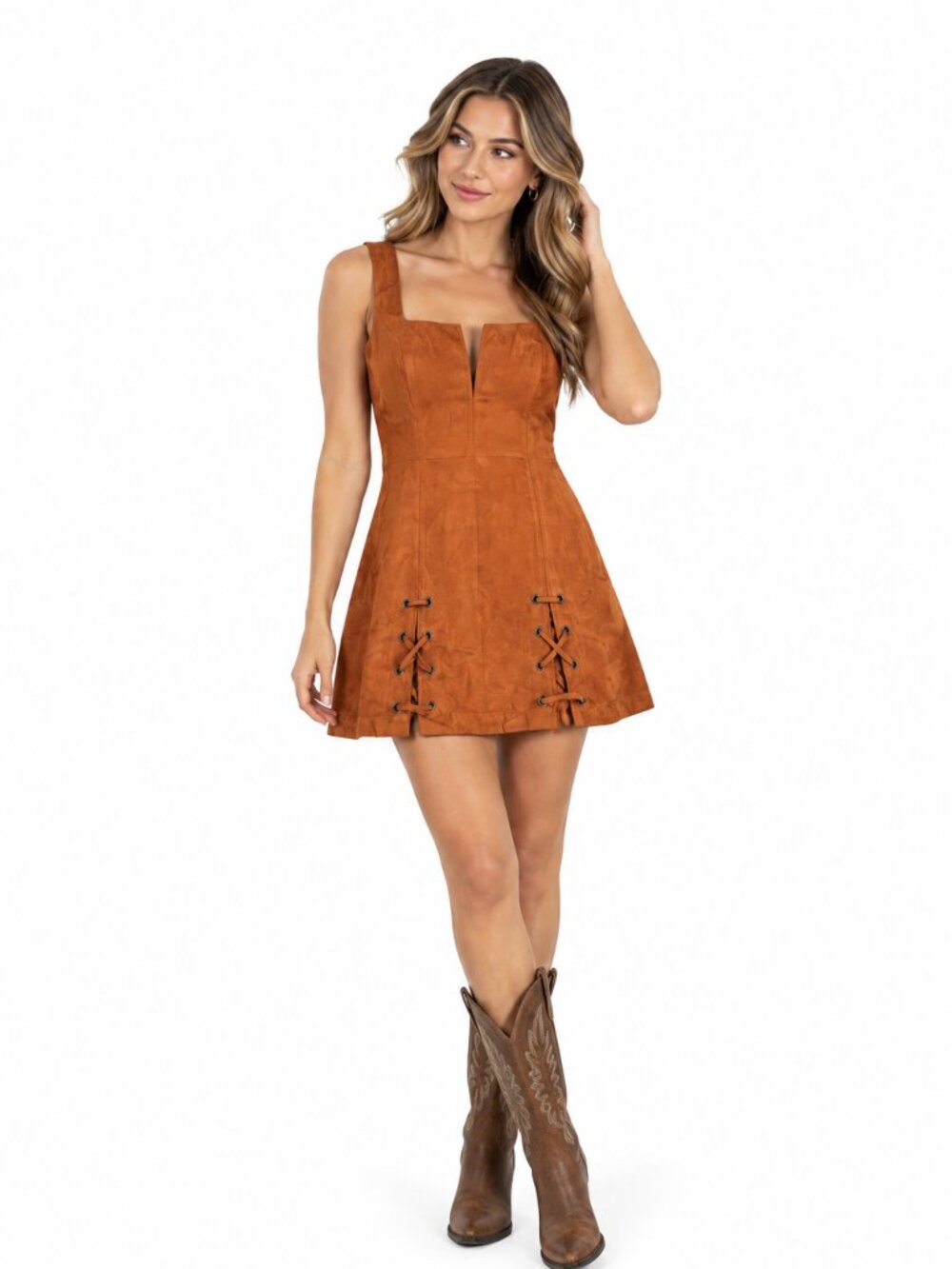 Re:named Womens S Faux Suede Lace Up Mini Dress Brown Western Festival Boho